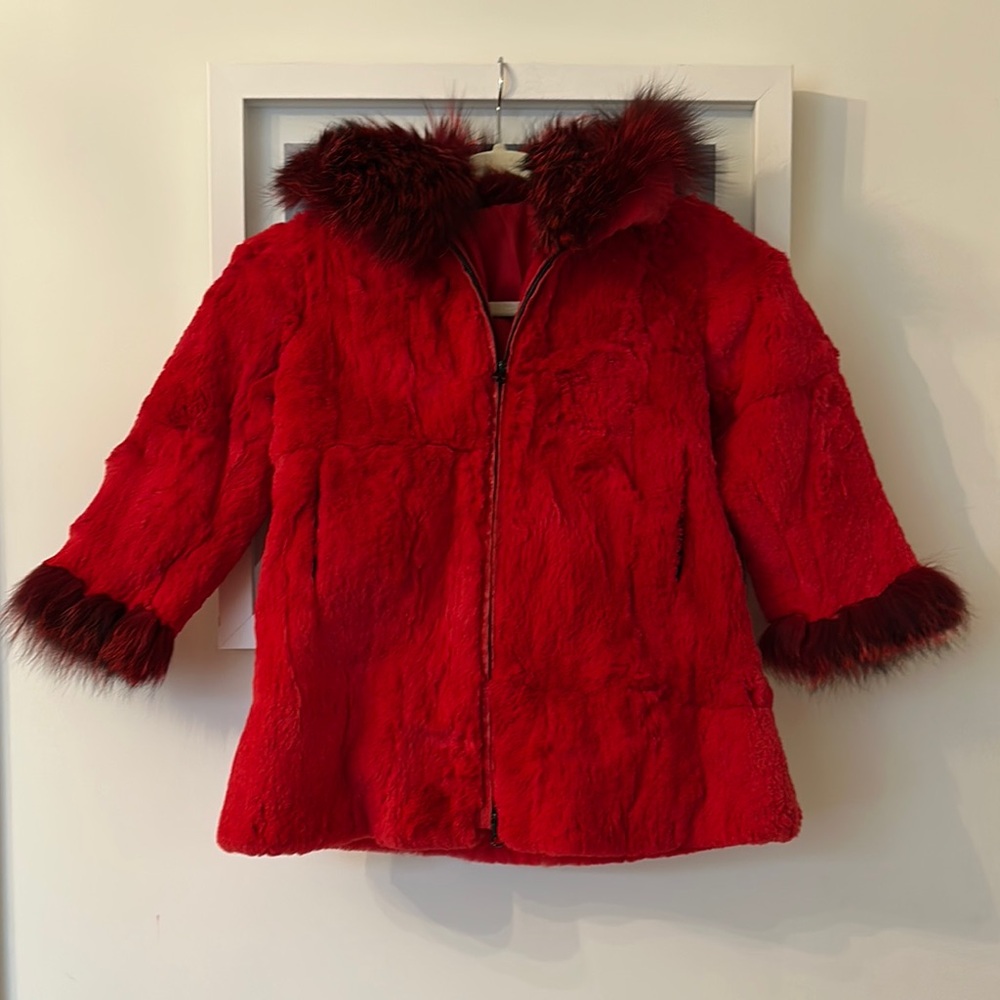 Kids girls Red fur Jacket with Plush Hood and Elegant Trim